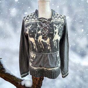 Free People reindeer lace up front hooded grey white sweater wool blend sz SM